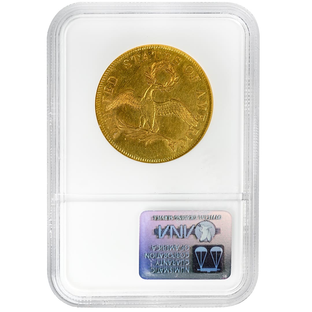 1797 US gold eagle coin, Draped Bust obverse, Small Eagle reverse design, NGC AU58