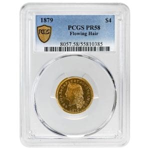 PCGS PR58 slab holding an 1879 four dollar Stella pattern coin, Flowing Hair Liberty obverse with motto legend