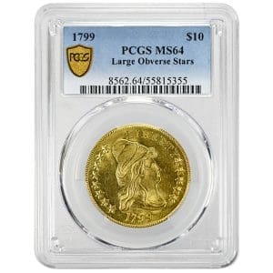 PCGS MS64 slab holding a 1799 ten dollar gold eagle, Draped Bust obverse with large stars and Heraldic Eagle reverse