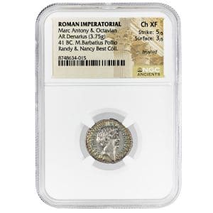 NGC Ch XF ancient silver denarius with bare head portrait, Marc Antony and Octavian joint issue, 41 BC