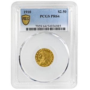 PCGS PR64 slab holding a 1910 two and a half dollar Indian Head gold coin, incuse Native American headdress design
