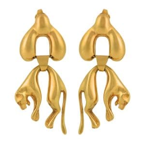 14K Yellow Gold Figural Panther Dangle Earrings Estate Jewelry