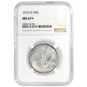 1916-D Walking Liberty half dollar in NGC MS67+ holder, Liberty striding obverse detail
