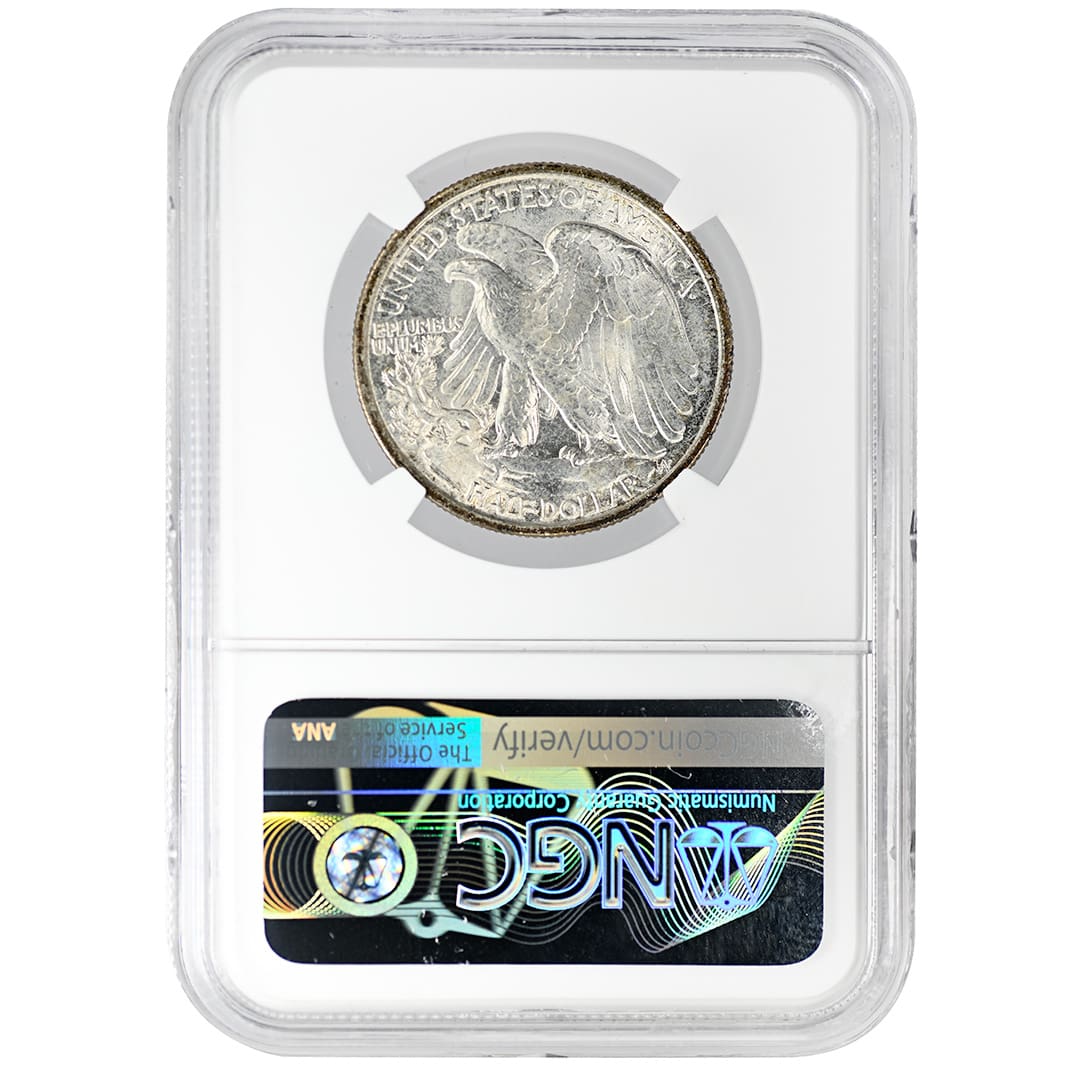 1916-D Walking Liberty half dollar in NGC MS67+ holder, Liberty striding obverse detail