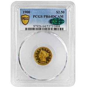 1900 Liberty Head Quarter Eagle $2.50 gold proof in a PCGS PR64DCAM CAC holder, frosted Liberty portrait on mirror fields