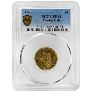 1879 $4 Flowing Hair Stella proof gold pattern coin in a PCGS PR61 holder