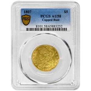 1807 $5 Capped Bust Left Half Eagle early gold coin in a PCGS AU58 holder