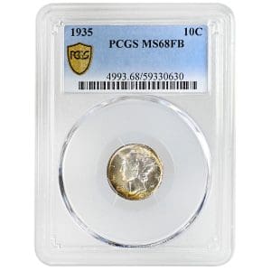 1935 Mercury Dime with golden and amber rim toning in a PCGS MS68FB holder