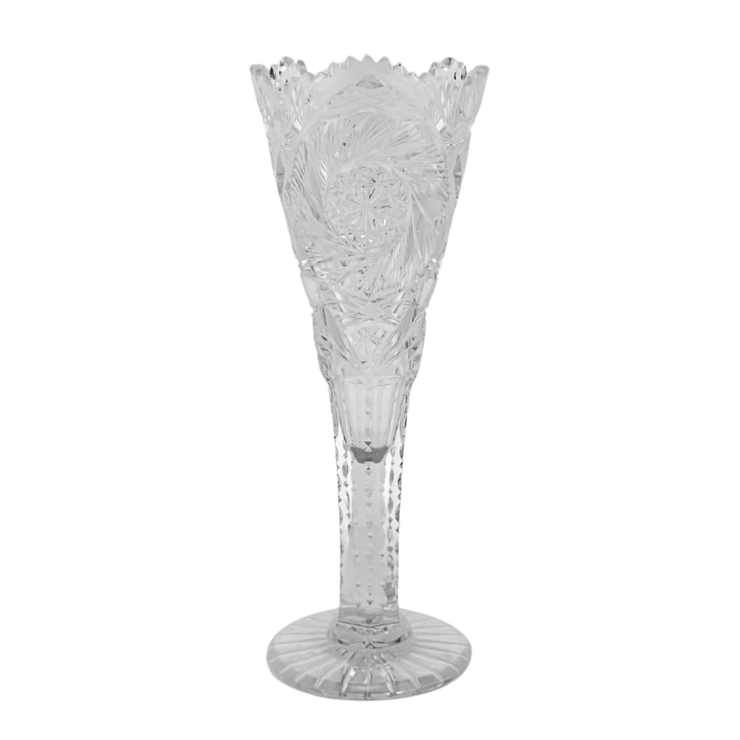 American Brilliant Period Cut Glass Trumpet Vase Pinwheel Hobstar
