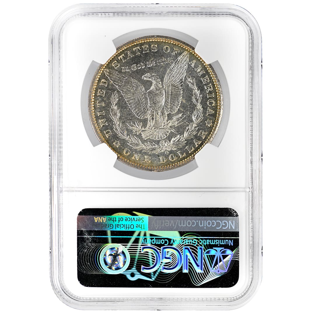 1904-O Morgan Silver Dollar with prooflike fields and golden rim toning in an NGC MS67PL holder
