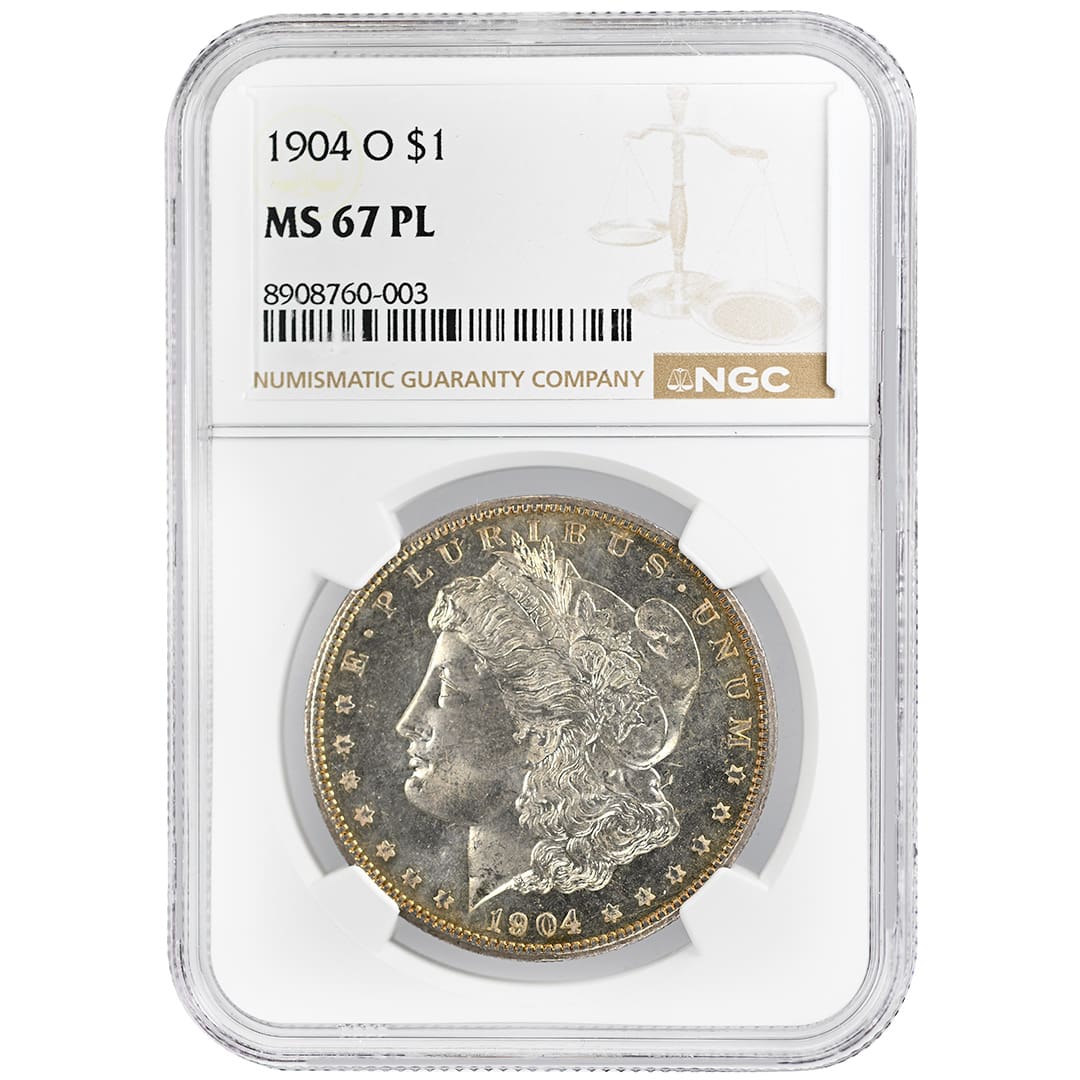 1904-O Morgan Silver Dollar with prooflike fields and golden rim toning in an NGC MS67PL holder