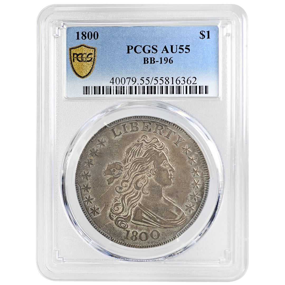 1800 Draped Bust Silver Dollar BB-196 with gray toning in a PCGS AU55 holder