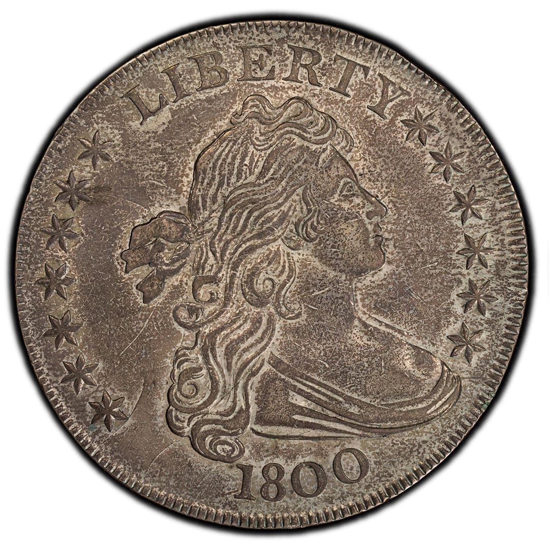 1800 Draped Bust Silver Dollar BB-196 with gray toning in a PCGS AU55 holder
