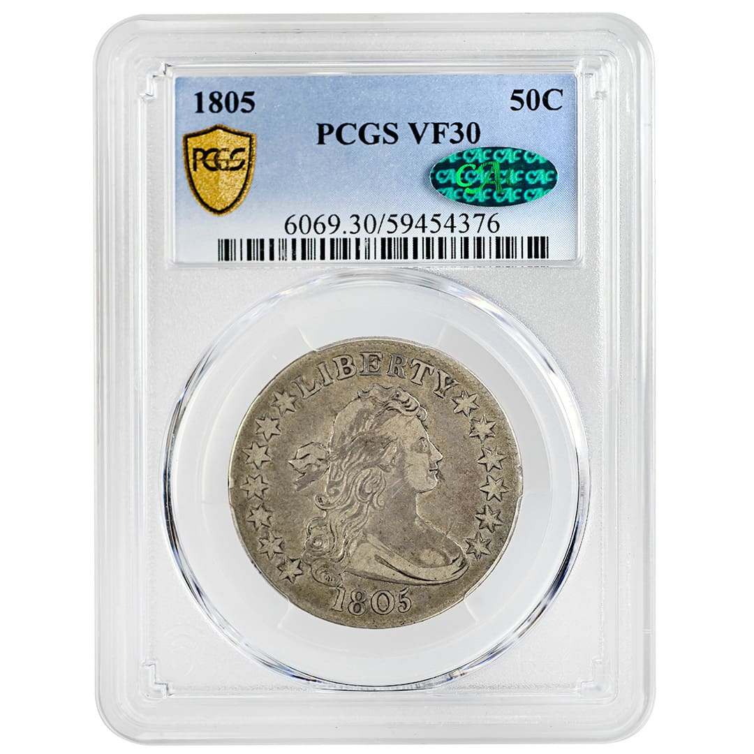 1805 Draped Bust Half Dollar with gray toning in a PCGS VF30 holder with a green CAC sticker