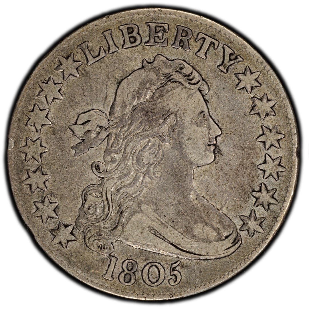 1805 Draped Bust Half Dollar with gray toning in a PCGS VF30 holder with a green CAC sticker