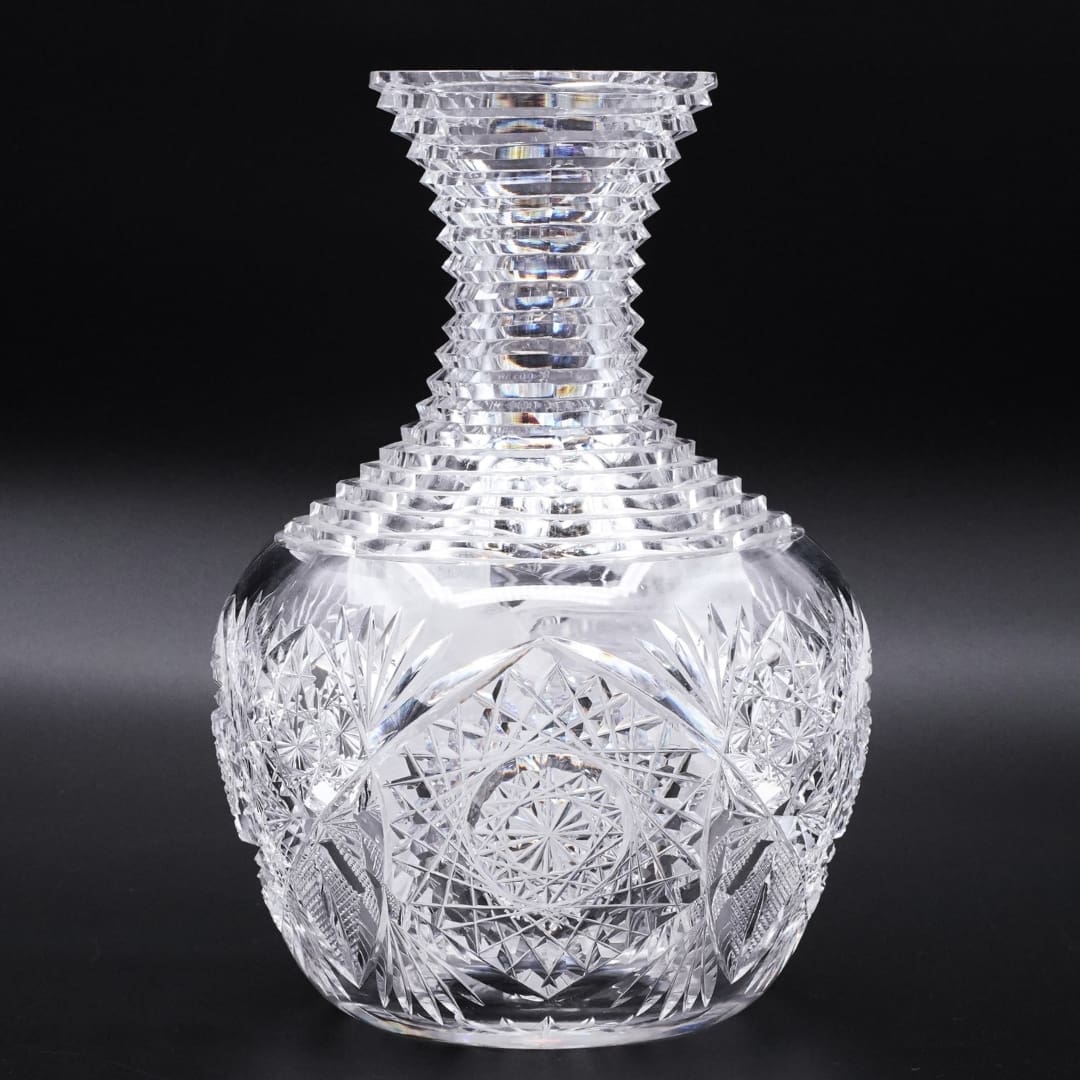 American Brilliant Period Cut Glass Decanter Stepped Neck Hobstar