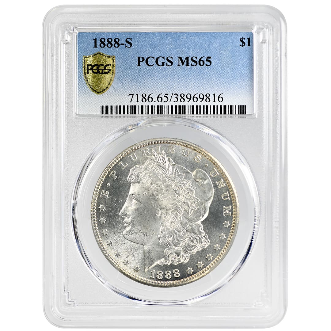1888 S Morgan Silver Dollar PCGS MS65 in a gold shield holder, frosty Liberty head obverse with light golden rim toning