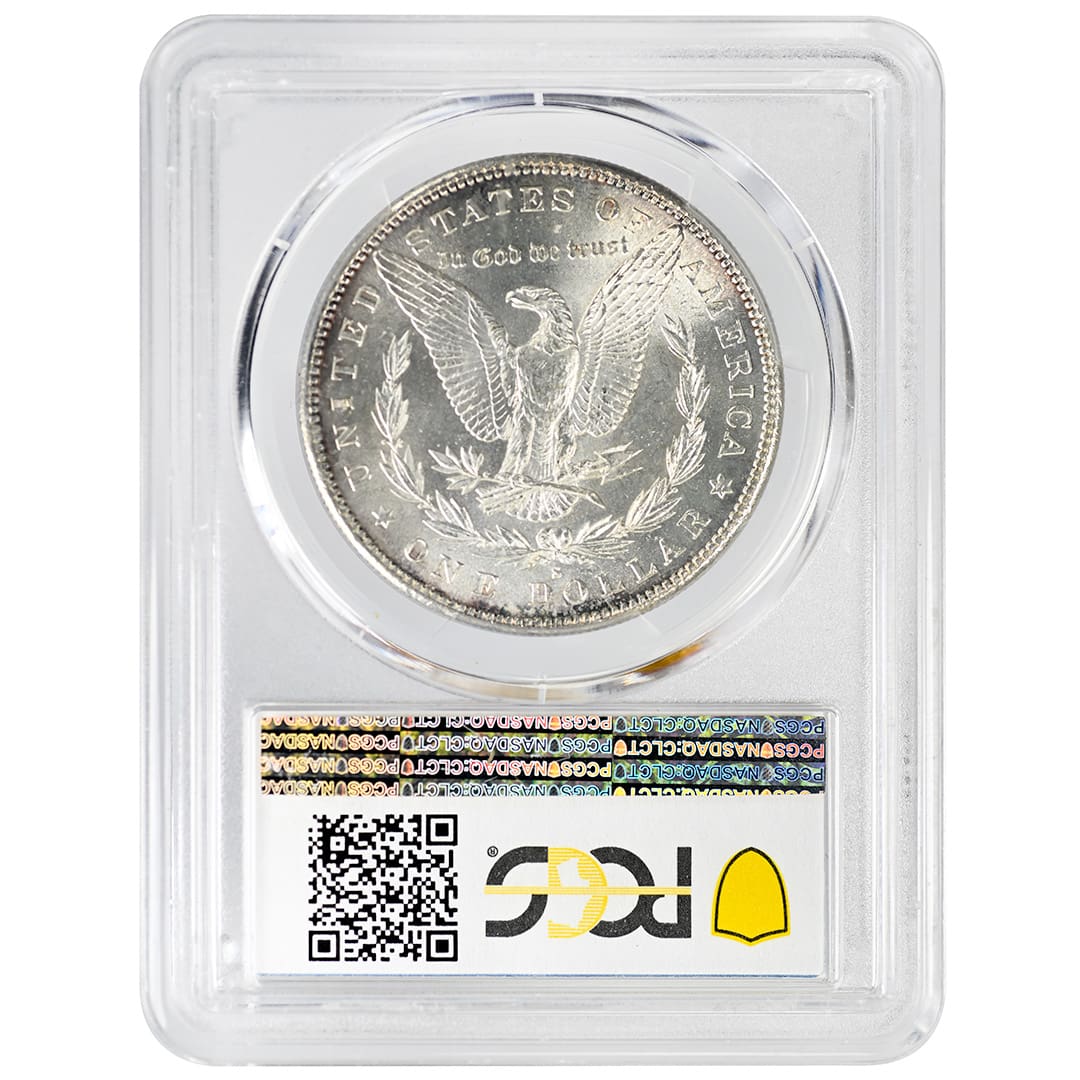 1888 S Morgan Silver Dollar PCGS MS65 in a gold shield holder, frosty Liberty head obverse with light golden rim toning