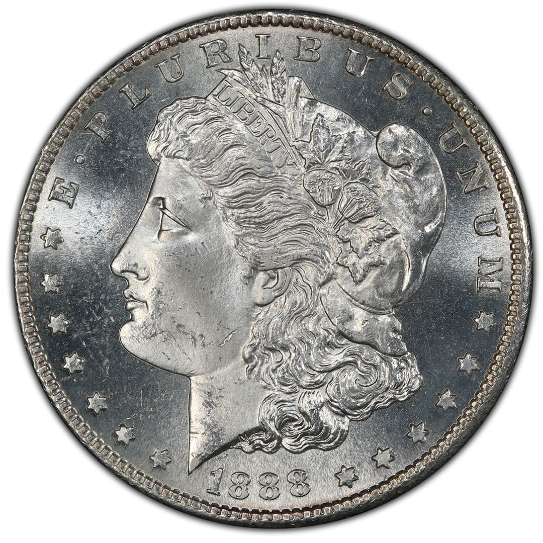1888 S Morgan Silver Dollar PCGS MS65 in a gold shield holder, frosty Liberty head obverse with light golden rim toning