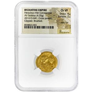 Byzantine Empire Heraclius gold solidus in NGC Ch VF holder, crowned facing busts of Heraclius and his son