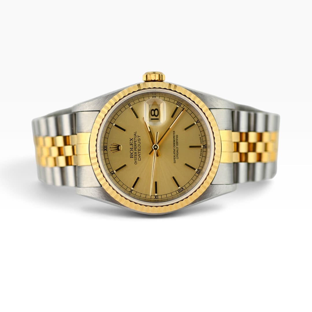 Rolex Datejust 16233 champagne dial, fluted 18K gold bezel and two-tone Jubilee bracelet