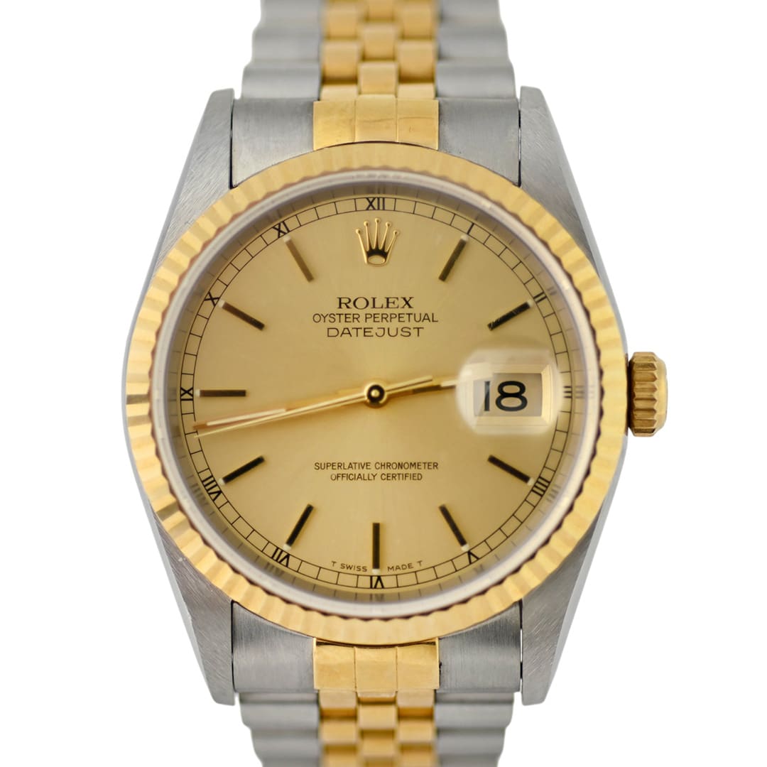 Rolex Datejust 16233 champagne dial, fluted 18K gold bezel and two-tone Jubilee bracelet