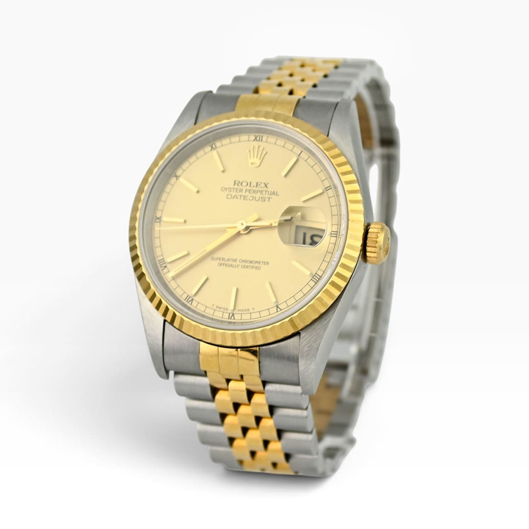 Rolex Datejust 16233 champagne dial, fluted 18K gold bezel and two-tone Jubilee bracelet