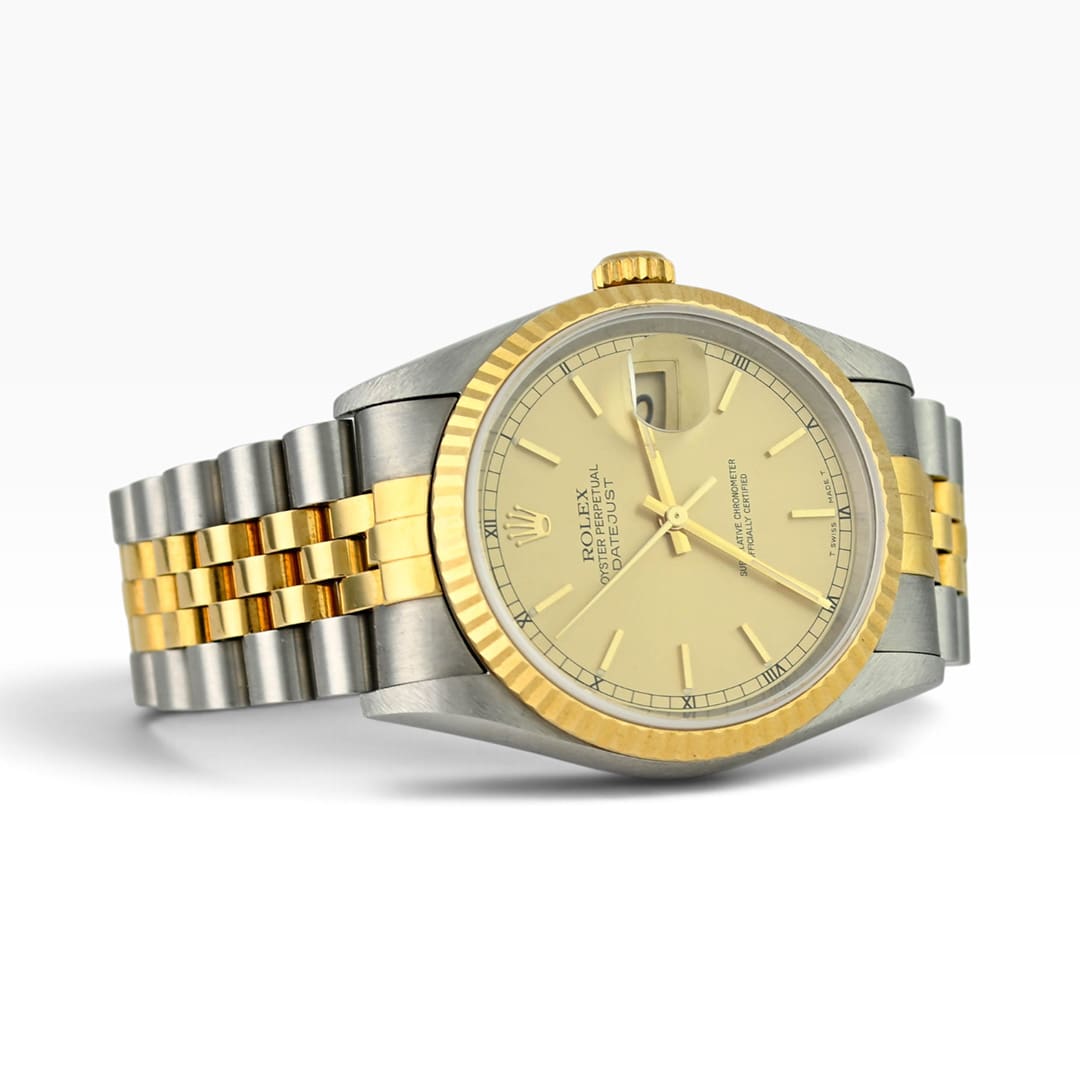 Rolex Datejust 16233 champagne dial, fluted 18K gold bezel and two-tone Jubilee bracelet