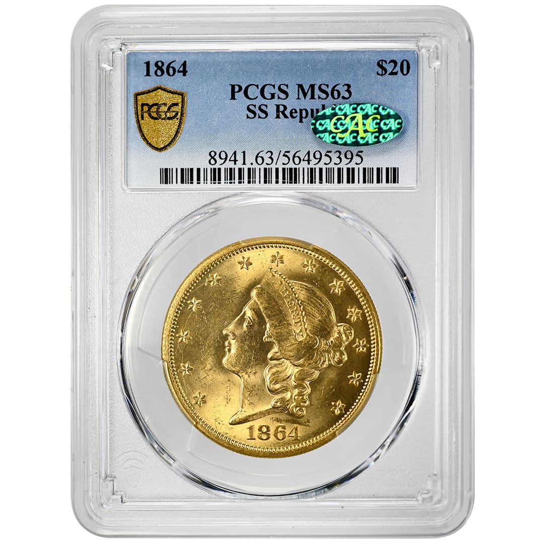 1864 Liberty Head Double Eagle PCGS MS63 CAC SS Republic, gold coin with Liberty facing left in a PCGS holder