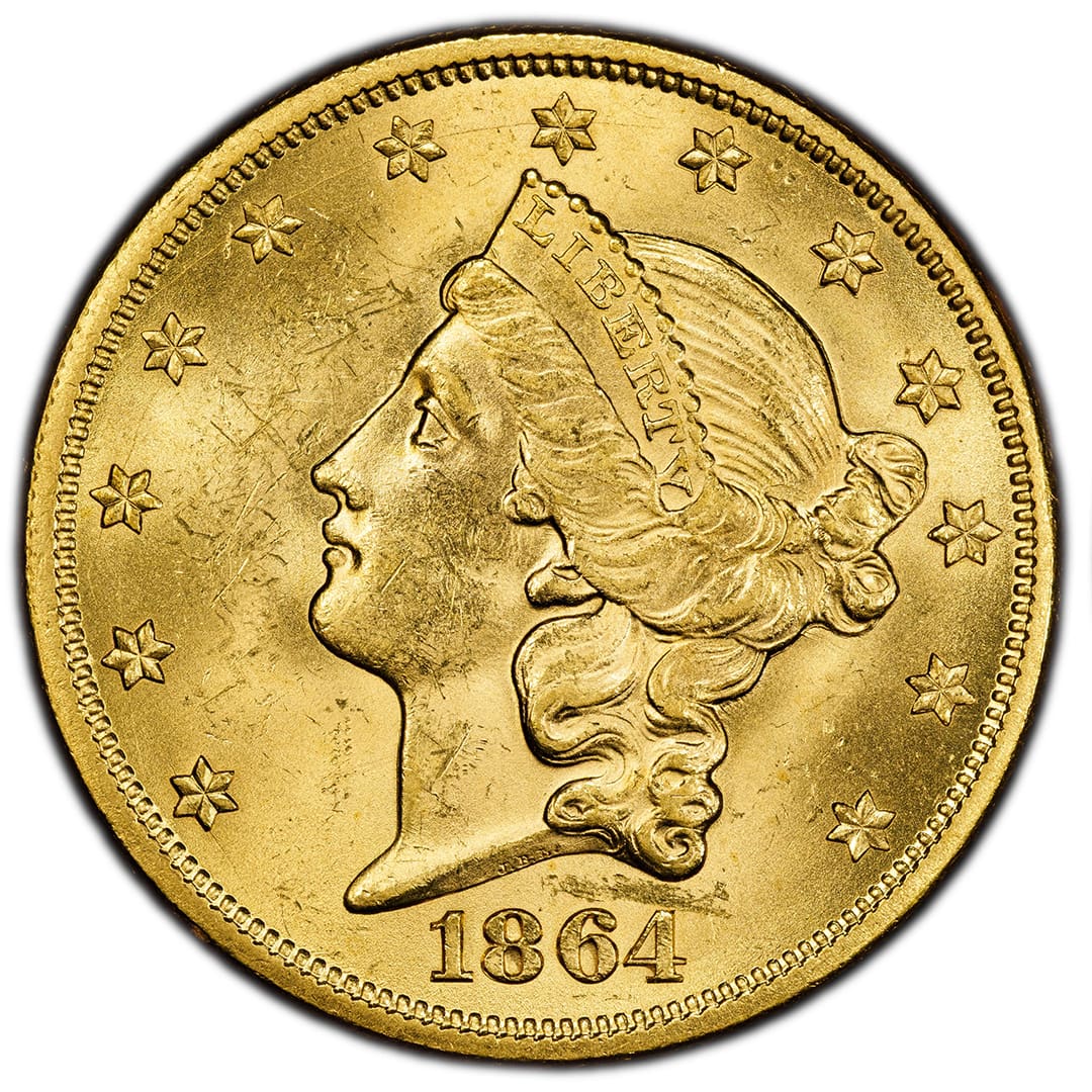 1864 Liberty Head Double Eagle PCGS MS63 CAC SS Republic, gold coin with Liberty facing left in a PCGS holder