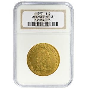 1797 $10 Small Eagle gold coin in NGC XF45 holder, obverse showing Capped Bust Liberty facing right with stars and LIBERTY