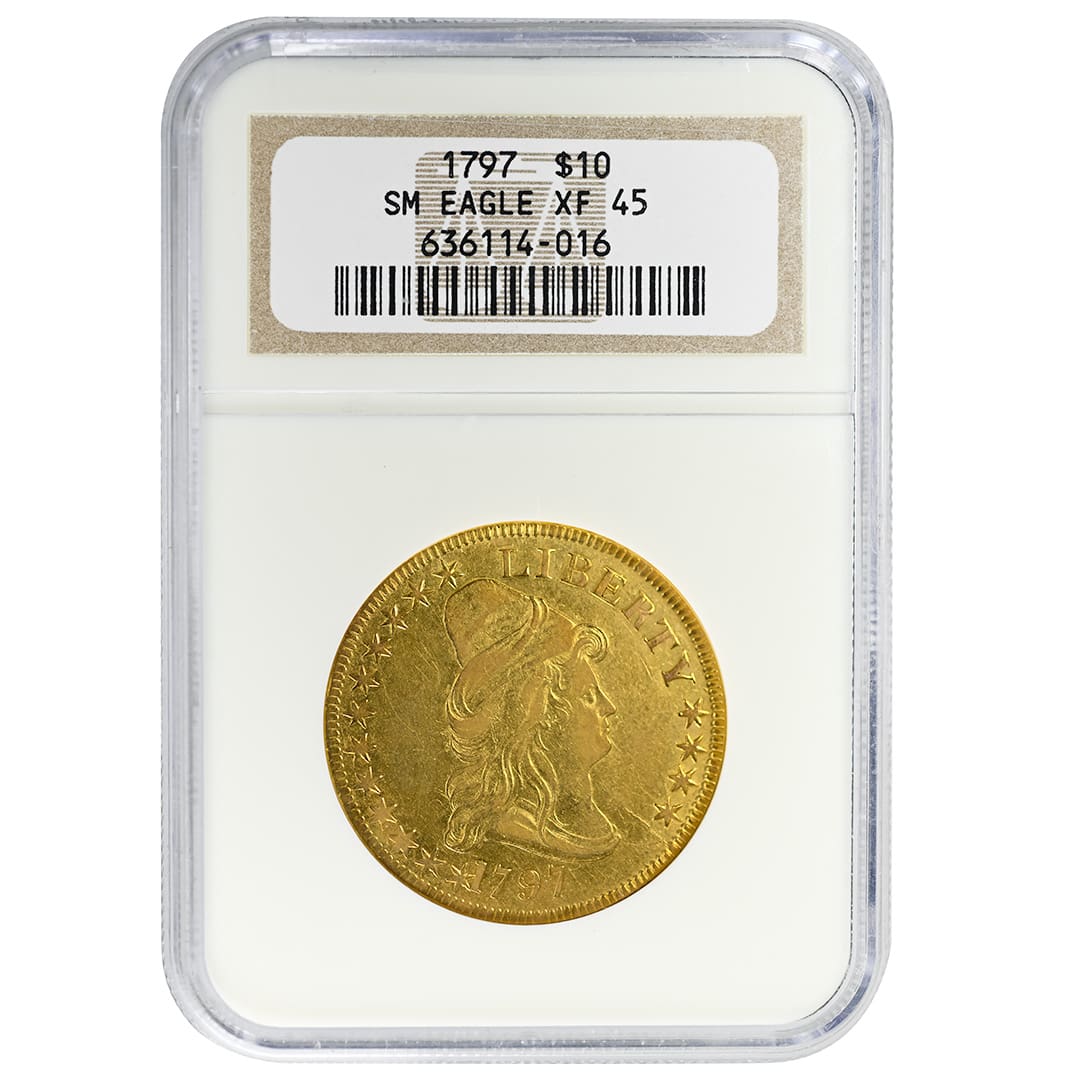 1797 $10 Small Eagle gold coin in NGC XF45 holder, obverse showing Capped Bust Liberty facing right with stars and LIBERTY