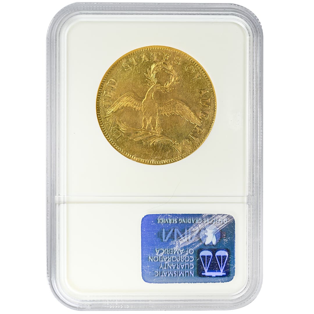 1797 $10 Small Eagle gold coin in NGC XF45 holder, obverse showing Capped Bust Liberty facing right with stars and LIBERTY