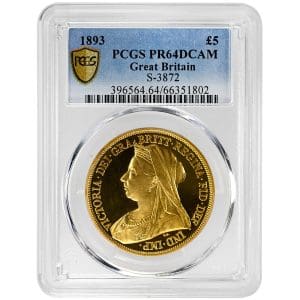 1893 Great Britain 5 Pounds Proof in PCGS PR64DCAM holder, veiled bust of Queen Victoria on mirrored gold fields
