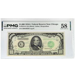 1934A $1000 Federal Reserve Note Chicago PMG 58 with Grover Cleveland portrait, green seal and G district seal