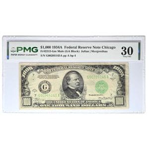 1934A $1000 Federal Reserve Note Chicago Mule PMG 30 with Grover Cleveland portrait, green seal and light folds