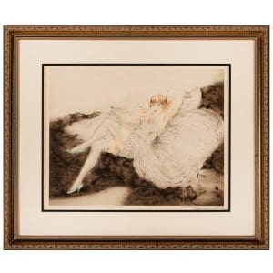 1925 Louis Icart etching White Underwear, or Sur le Divan, showing a reclining woman in white lingerie on a divan