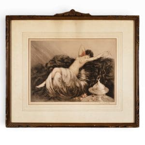 1926 Louis Icart etching Smoke, a reclining nude with red flowers in her hair beside an incense burner, in a carved frame