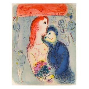1967 Marc Chagall lithograph Untitled from Le Cirque, faint figures of a couple on a warm toned sheet with pencil notes