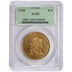 1795 $10 Draped Bust Eagle in a PCGS AU58 green label holder, showing Liberty in a tall cap with rich gold luster