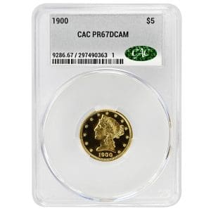 1900 $5 Liberty Head Half Eagle gold proof with frosted Liberty portrait on deep mirror fields in CACG PR67DCAM holder