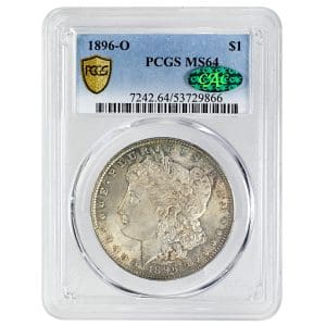 1896 O Morgan Silver Dollar with golden peripheral toning in PCGS MS64 gold shield holder with green CAC sticker
