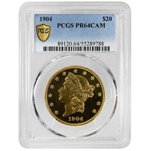 1904 $20 Liberty Head Double Eagle gold proof with frosted Liberty portrait on mirror fields in PCGS PR64CAM holder