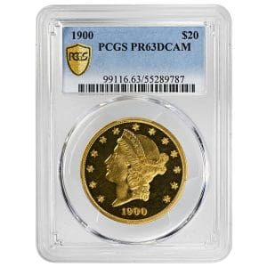 1900 $20 Liberty Head Double Eagle gold proof with frosted Liberty portrait on deep mirror fields in PCGS PR63DCAM holder