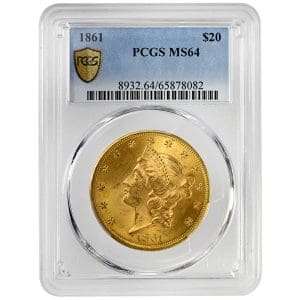 1861 $20 Liberty Head Double Eagle gold coin in a PCGS MS64 holder, Liberty facing left within 13 stars