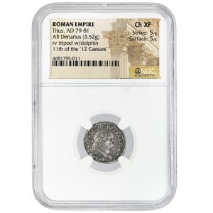 Roman Empire Titus silver denarius in NGC Ch XF holder, laureate bearded portrait of Titus facing right with legend