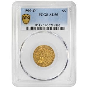 1909 O $5 Indian Head Gold Half Eagle in PCGS AU55 holder, incuse Native American portrait in feathered headdress