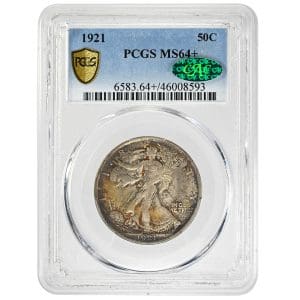 1921 Walking Liberty Half Dollar in PCGS MS64+ holder with green CAC sticker, Liberty striding toward sun, amber toning