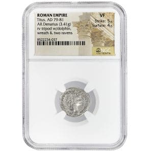 Titus denarius in NGC Ancients holder graded VF, silver coin with laureate head of Titus facing right