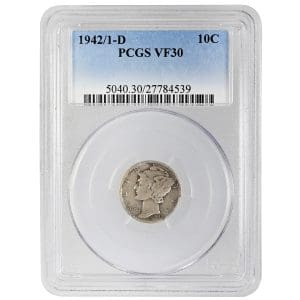 1942/1-D Mercury dime in PCGS holder graded VF30, Winged Liberty Head obverse with gray silver toning